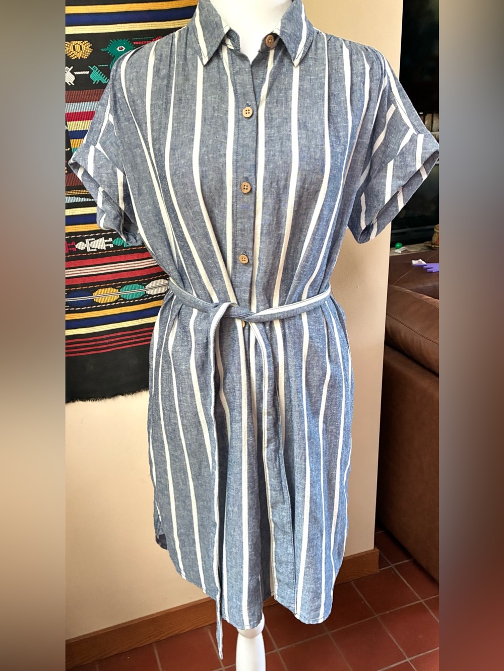 Faherty Blue and White Striped Linen Blend Shirt Dress with Tie Belt size S